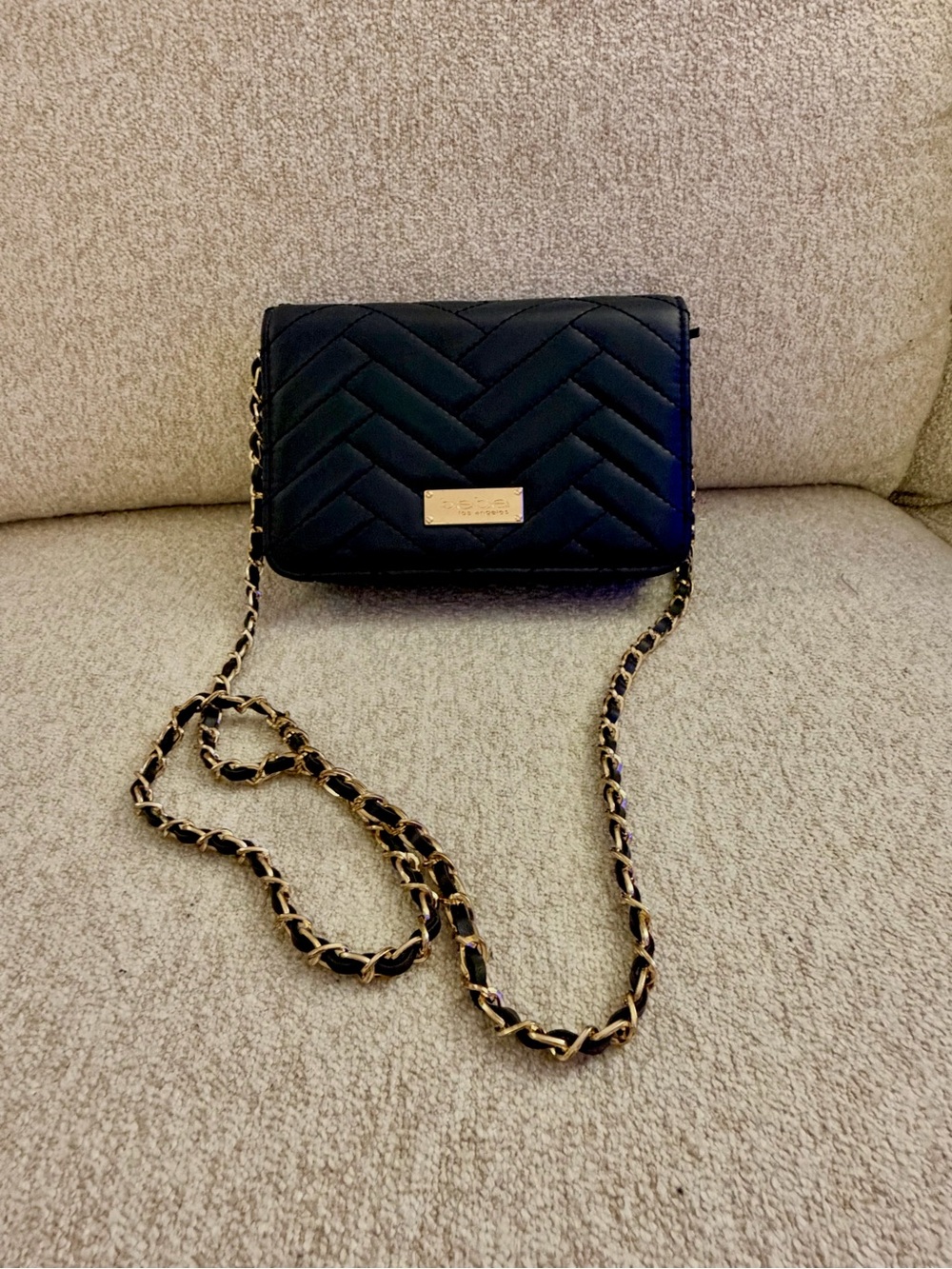 bebe Black Quilted Crossbody with Gold Chain